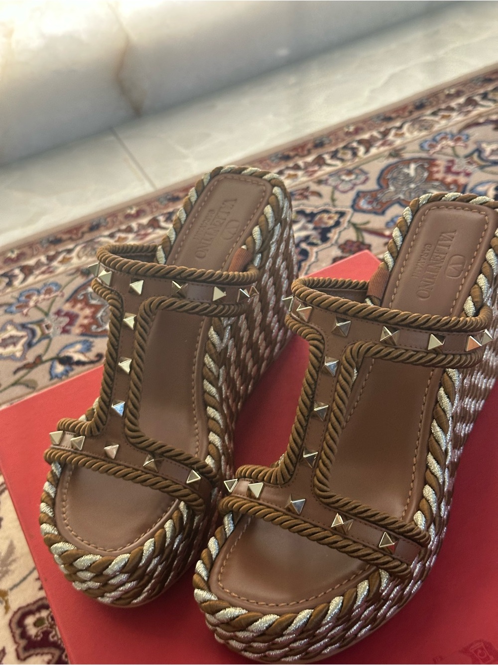 Valentino Garavani Tan and Gold Studded Rope Wedge Espadrilles Sandals